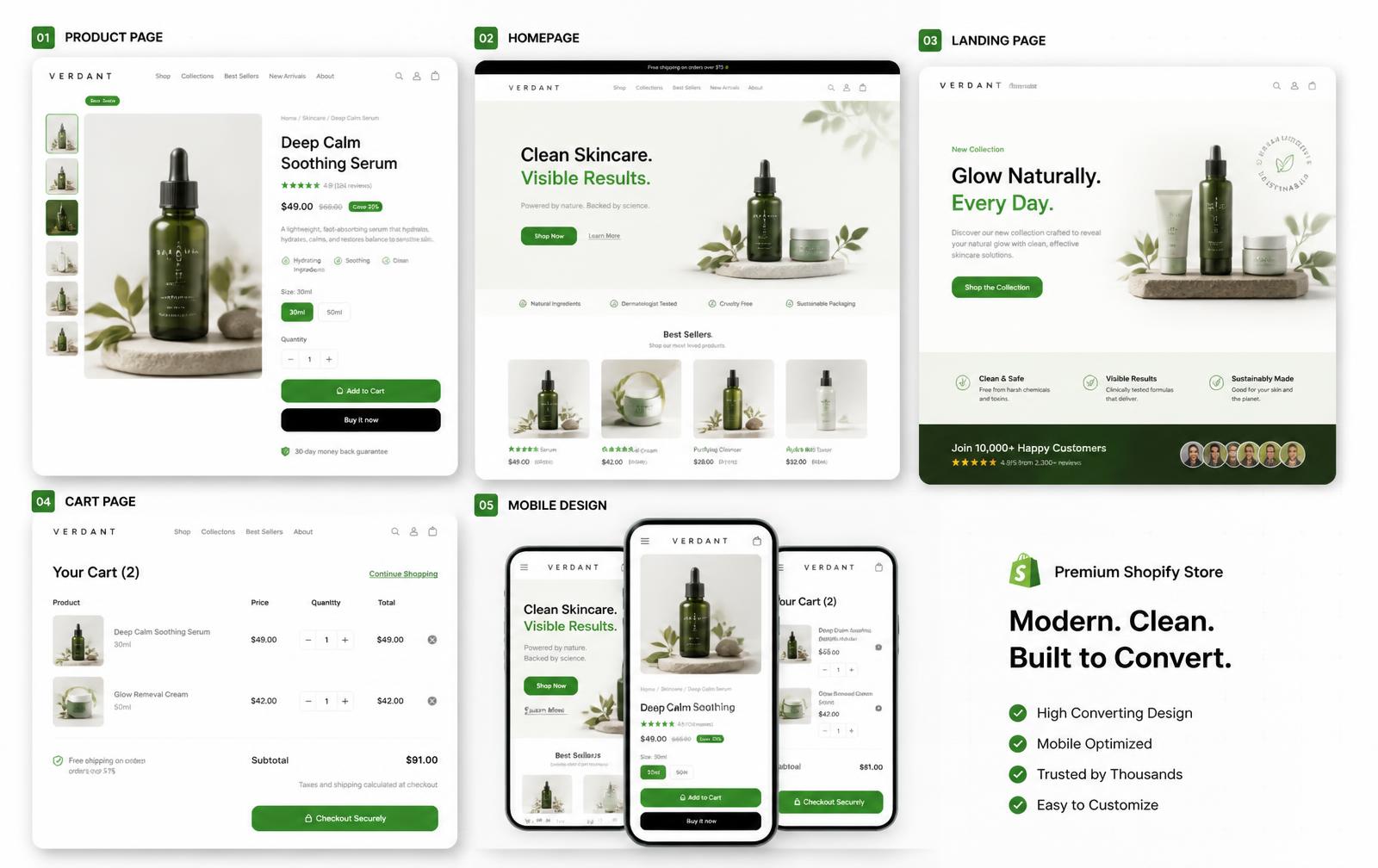 Premium Shopify store showcase — product page, homepage, landing, cart, mobile